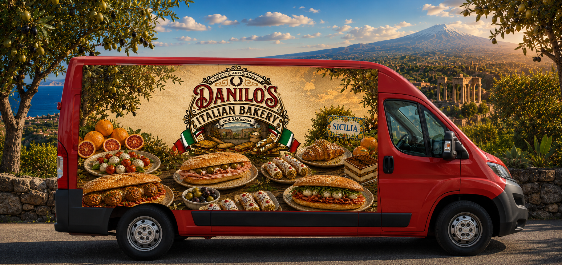 Roter Danilo's Italian Bakery Lieferwagen mit sizilianischer Landschaft im Hintergrund, beklebt mit Fotos von Panini, Cannoli, Croissants und mediterranen Spezialitäten